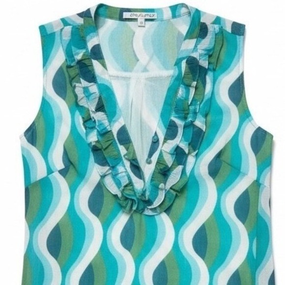 Joy Joy Tops - Joy Joy Women's Geometric Wave Ruffle V Neck Sleeveless Tunic Top XS
